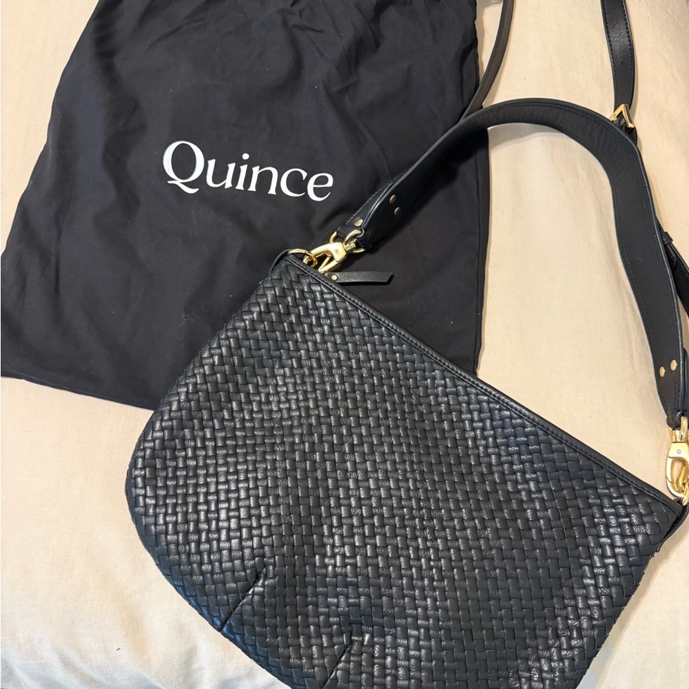 Quince Black Leather Woven Bag with Gold Details